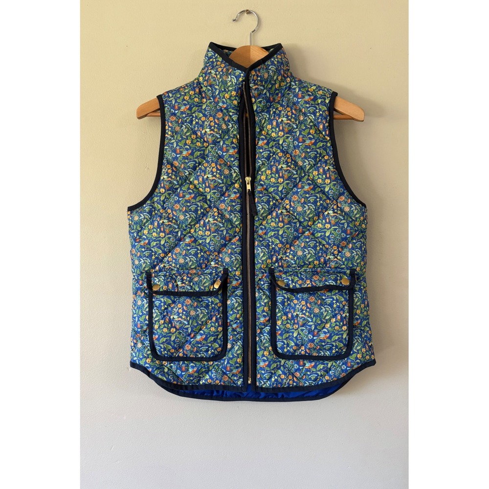 J.Crew Liberty Fabric Floral Bird Quilted Excursion Down Filled Vest Blue Small